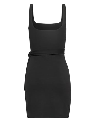 Image of LuFeng Summer Sexy Square Neck Sleeveless Ruched Tie Waist Mini Dress for Women Party Club Tank Dress