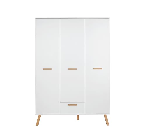 trendteam smart living - Mats - Wardrobe - Weiß - Kleiderschrank mit 3 Türen, 1 Schublade, 2 Kleiderstangen - (BxHxT) 130 x 190 x 60 cm - mit lackierten Massivholzfüßen und Griffen
