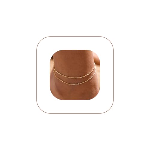 MIDEEO Gold/Silver Ankle Bracelets for Women,14K Gold Anklets for Women Waterproof Cuban Link Heart Beads Herringbone Rhinestone Anklets Set Layered Anklet Bracelets Gold Jewelry Gift