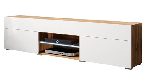 Herenko - Mueble bajo para televisor, mueble de televisión, mesa alta, sin asas, aparador, tonos naturales, banco de TV (wotan/blanco brillante, con iluminación LED blanca)