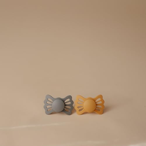 Image of FRIGG Lucky Symmetrical SilkySoft Silicone Baby Pacifier | Made in Denmark | BPA-Free (Great Gray /Honey Gold, 6-18 Months)