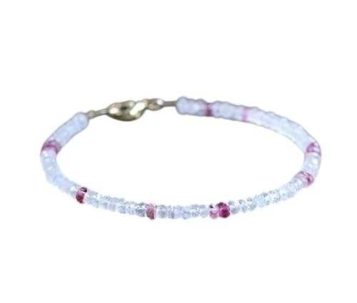 Pulsera de turmalina rosa antialérgica y piedra lunar ajustable de plata