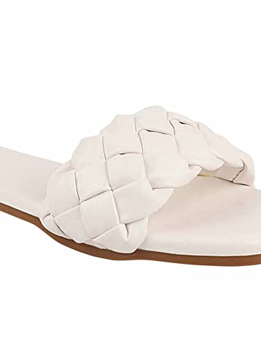 Image of Shoetopia Women's White Braided Flat Slip-On Sandals Comfortable || Open-Toe Casual Slides for Summer, Beach EU37