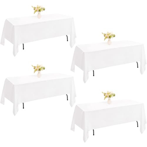 JALANCY 4 Pack Rectangle Tablecloth 60x102 Inch White Washable Polyester Table Cover for Wedding Dining Table Buffet Parties Banquet Decoration（White）