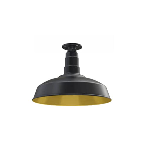 Image of Steel Lighting Co. Carson Barn Light | Ceiling Mounted Pendant | 16 inch Dome | Flush Mount | Industrial Style Steel Light Made in America | Matte Black Exterior /Brass Interior
