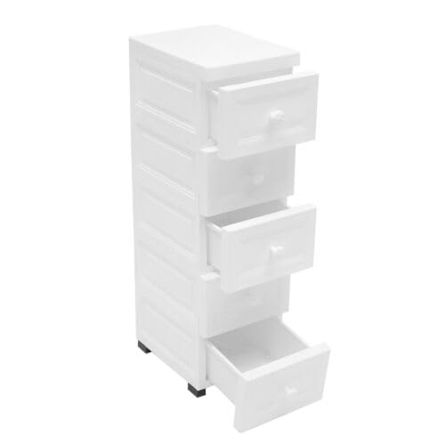 Cassettiera su ruote, armadietto laterale a 5 cassetti, armadietto da bagno, impermeabile, armadietto sottile per cassetti, 34 × 25 × 82 cm, per giocattoli per bambini, ufficio, soggiorno