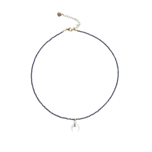 Genérico Gargantilla Artesanal de Hematita Natural con Colgante de Madreperla, Acero Inoxidable Chapado en Oro, 40-45 cm, Regalo Ideal para Mujer (Corazón)