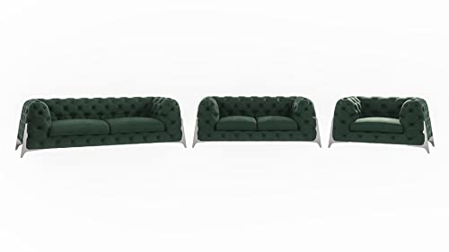 ROVERTI Rocky Chesterfield Couchgarnitur Set aus 3 Teilen, 3 + 2 + 1 Sitzgruppe Boutique Grün, Metallfüße, Polstersofa - Couch - Sofa - Sessel, Velours Cover