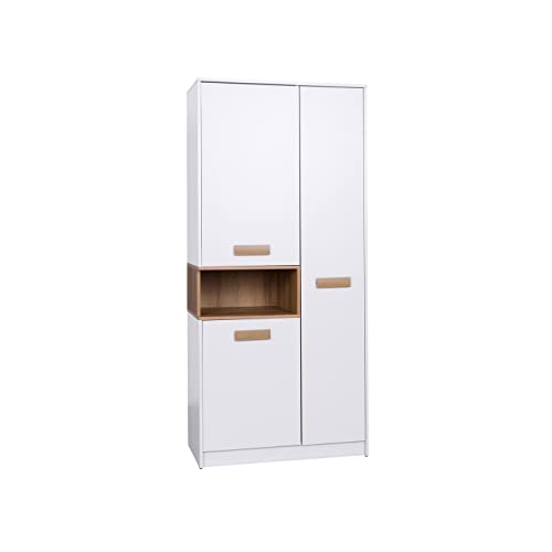 Marmex Grant G1 - Dreitüriger Kleiderschrank 88x195x54 - Garderobe mit Kleiderstangen und Einlegeböden für das Jugendzimmer, Schlafzimmer - Weiß + Riviera Eiche