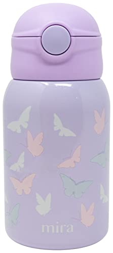 Mira 15 Oz Kids Stainless Steel Water Bottle - Thermos Insulated Flask Keeps Cold - One Touch Straw Lid Cap, Violet-Butterflies #TOP1