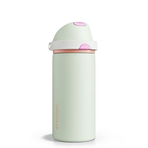 Image of Insulated Water Bottle with Straw - Encool Stainless Steel Water Bottle with Push Button Lid, Leak-Proof & BPA-Free, Keeps Cold for 24 Hours for Sports, Travel, Gym (18 oz, Geyser Green)