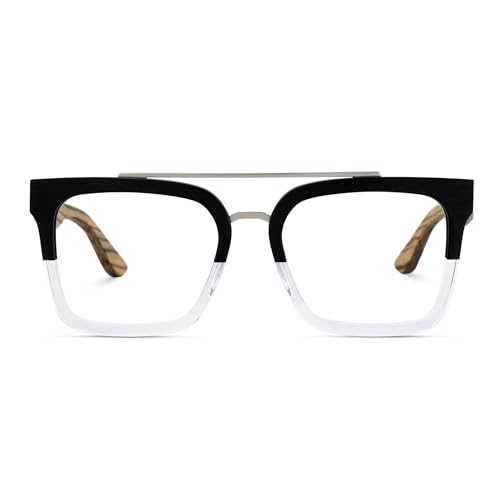 Image of Zeelool Aviator Glasses Frame for Men, Retro Eyeglasses Eyewear Frame with Clear Lens, Wooden Temples and Spring Hinges ZJGX642196-02