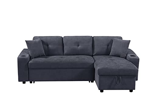 Biadnbz Sleeper Sectional Sofa Convertible With Pull Out Bed And Reversible Storage Chaise, L-Shape Corner Couch W/2 Cupholders, Side Pockets&Pillows, For Living Room Apartment, Dark Gray #TOP6