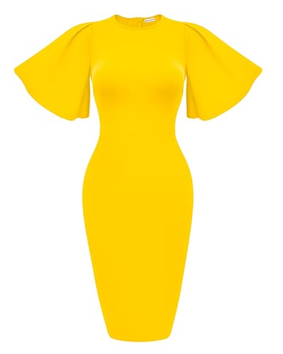 Image of Memoriesea Women's Basic Bodycon Ruffle Flared Short Sleeve Pencil Midi Dress