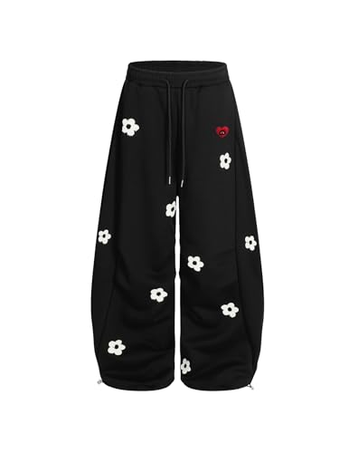 Aelfric Eden Baggy Wide Leg Sweatpants Flower Embroidery Casual Y2K Elastic Drawstring Lantern Barrel Lounge Trouser Pants