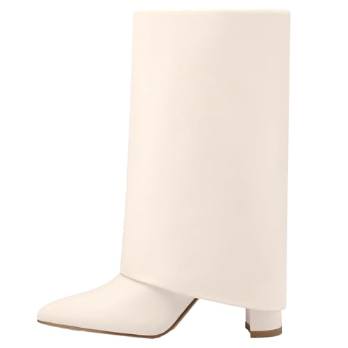 Women's Mid-Calf Boots Fold Over Chunky Heel Pointed Toe Fashions Slouch Riding Boots - Main Image