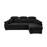 Fabrication européenne LOUNGITUDE Canapé d\'angle KOMO Reversible et Convertible avec Coffre et têtières réglables en Tissu - Noir