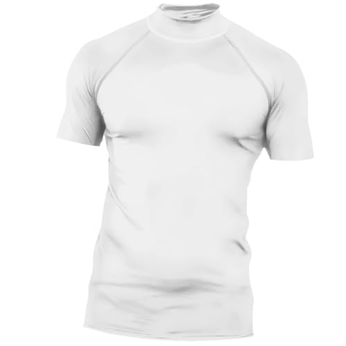 Red Plume Mens Compression Mock Turtleneck Short Sleeve Shirt High Neck Athletic Tops Football Run Pullover Sports Undershirt White XX-Large