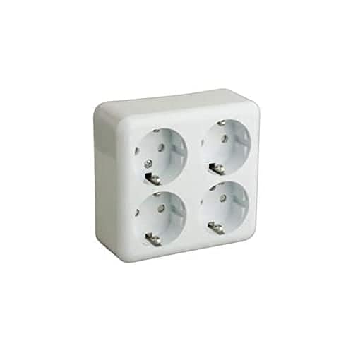 Base schuko de superficie con 4 tomas, diseño resistente, perfecta para conectar varios dispositivos eléctricos en casa u oficina. Ideal para un uso eficiente y seguro.