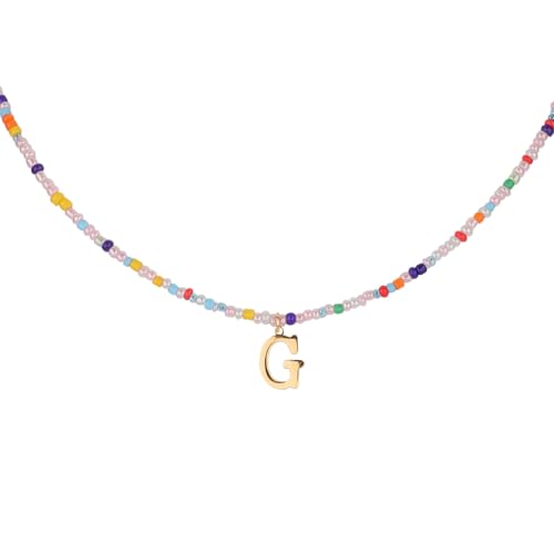 for Women Girls Letter PendantSummer Necklaces, Bohemian Beaded Necklace Colorful Beaded Initial Necklace Handmade Jewelry Gifts for Teens(G)