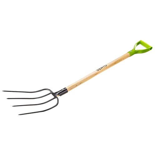VERTO Fourche à foin | Fourche à bêche : Fourche à creuser et à desserrer | Poignée ergonomique en D | Longueur 126 cm Solid | Fourche bêche pour sols durs et rocailleux, avec 4 dents