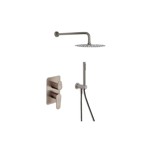 Ramon Soler Ensemble de robinet de douche mitigeur encastré 2 voies Nickel brossé avec système S2 d'économie d'eau avec accessoires ronds