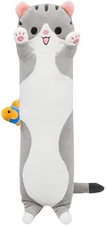 shownicer Plushies, Long Cat Plush Pillow with Kawaii Fish Plush Toy, Stuffed Animals, Cute Kitten Soft Toy, Cuddly Toy, Fluffy Doll Cushion Bed Sofa Chair, Hugging Pillow Gift for Kids Girls Boys