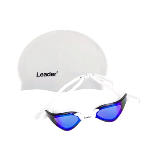 Kit Natação Leader Óculos winner Lente Azul Espelhada+ Touca Lisa Branco 100% SiliconT