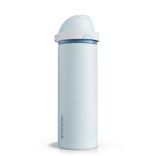 Image of Insulated Water Bottle with Straw - Encool Stainless Steel Water Bottle with Push Button Lid, Leak-Proof & BPA-Free, Keeps Cold for 24 Hours for Sports, Travel, Gym (24 oz, Jungle Mist)