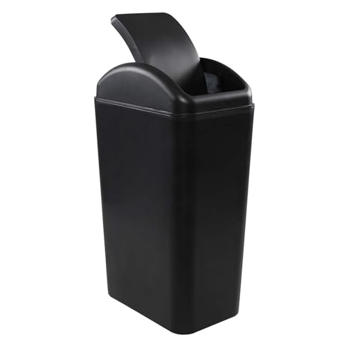 Image of 3.5 Gallon Plastic Trash Can with Swing Lid, Slim Bathroom Swing Top Garbage Bin Wastebasket, Black