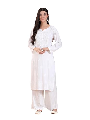 Image of POSHAK CHIKAN STUDIO Women's Hand Embroidered Lucknowi Chikankari Rayon Co-ord Set