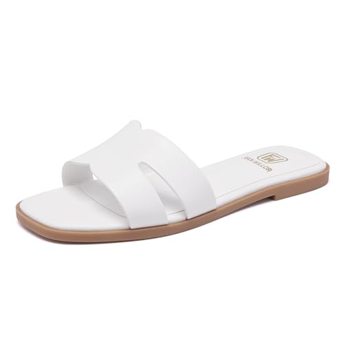 FW FRAN WILLOR Women's Flat Sandals Dressy Comfortable Slide Sandals Fashion Square Open Toe Slip On Beach Sandals for Summer