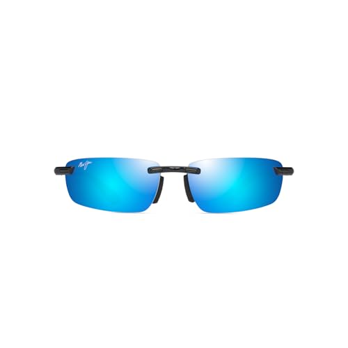 Image of Maui Jim Men's & Women's Ilikou Polarized Rectangle Sunglasses, Shiny Black W /Blue /Blue Hawaii Polarized, Extra large