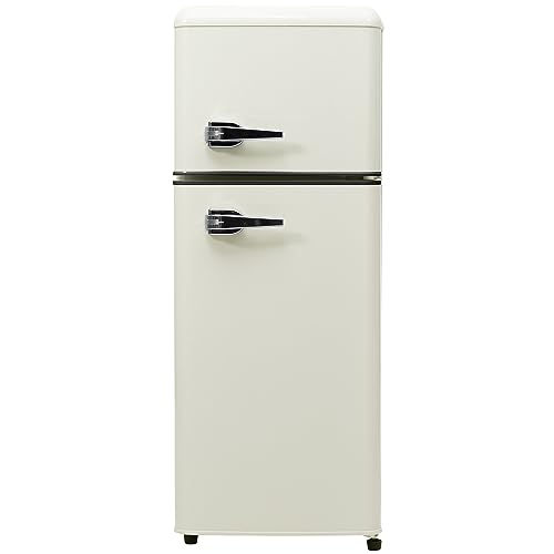Frigorífico Retro,Combinación Frigorífico Congelador,Blanco Antiguo,105.5cm(Al) x41cm(An),Diseño Retro,Mini Frigorífico,con 92 Litros de Capacidad Total,181 kWh/año,-27°C ~13°C,Luz LED
