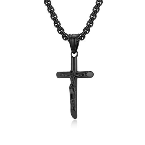 Collier crucifix en acier robuste d'une finition noire remarquable