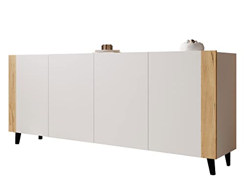 Mirjan24 Cómoda Fezerio, 8 compartimentos y 4 puertas con mecanismo de cierre amortiguado, aparador multiusos, armario de salón, dormitorio, aparador (blanco/blanco + roble artesanal)