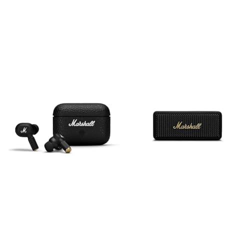 Image of Marshall Motif II True Wireless Active Noise-Canceling Earbuds Headphones, Black & Emberton II Portable Bluetooth Speaker, Black & Brass
