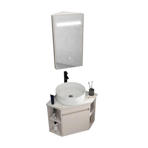 Tocador de baño esquinero montado en la pared con fregadero de 56 cm, lavabo y almacenamiento elegante armario con espejo para soluciones de ahorro de espacio