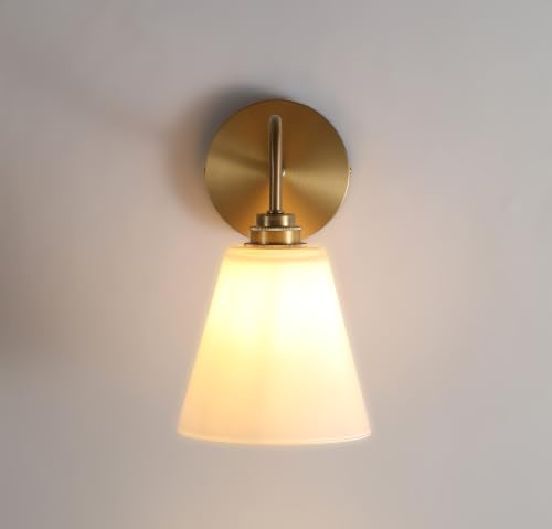 Image of Brass Wall Sconce with Milk Glass Cone Shade and Gooseneck, Gold Kitchen Sink Sconce for Bathroom, Bedroom (Bulb Included)