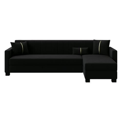Image of SOCOZI Almeria 5 Seater RHS L Shape Sofa Set | Soft Velvet Suede Fabric | Modern Design | Plush Comfort Cushions for Living Room (Black)