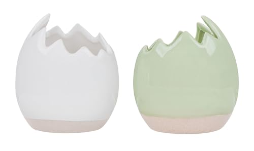 levandeo 2er Set Eierschale Deko Blumentopf H11cm Keramik Weiß Grün Blumenwiese Osterdeko Deko Sandfinish Tischdeko Übertopf Keramiktopf