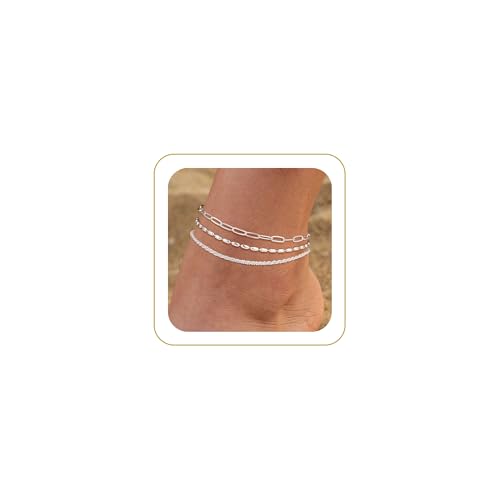 Image of Robaice Ankle Bracelets for Women, Glitter Waterproof Adjustable Anklet for Women, 14K Gold Plated /Sterling Silver Layered Anklets, Summer Beach Anklet Jewelry for Women Gift