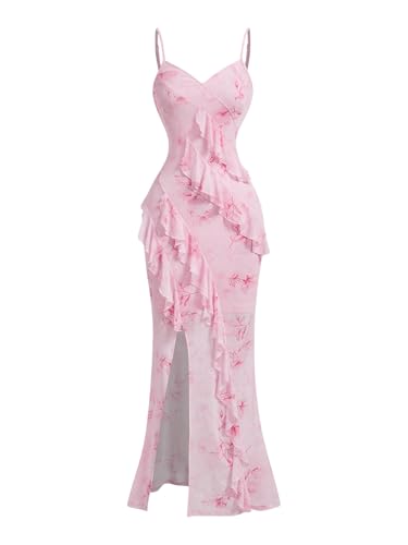 Verdusa Women's Y2k Floral Ruffle Split Thigh Long Cami Dress Bodycon Sleeveless Dress