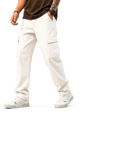Image of QNIM Cargo for Men | Loose Fit White Denim Jeans | Stylish Cotton Multi-Pocket Casual Styling Pant | Trendy Straight Leg Comfortable Utility Streetwear Trousers (Q-04-05)