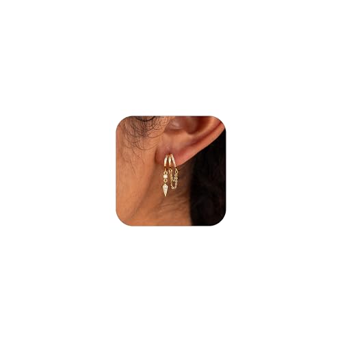 Gold Earrings for Women, 14k Gold Plated Drop Huggie Earrings Dainty Dangle Earrings for Women Trendy Hypoallergenic Small Hoops Fashion Gold Jewelry