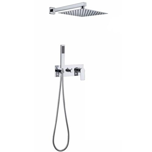 Douche thermostatique, pommeau de douche encastré, pommeau de douche à effet pluie et flexible, kit de douche à 2 fonctions, douchette à main, ensemble de douche encastré, douche grise.(Chrome)