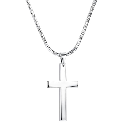 ORAZIO Easter Basket Stuffers - Cross Necklace for Men, Silver Mens Cross Necklaces with 3mm Cross Chain and Stainless Steel Cross Pendant Jewelry, Box Chain 22 Inch, Christian Baptism Confirmation Gifts