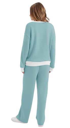 Image of WIHOLL Lounge Sets for Women 2026 V Neck 2 Piece Outfits Airport Wide Leg Pants Matching Set Sweatsuits