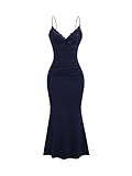 GORGLITTER Women's Lace Ruched Spaghetti Straps Bodycon Maxi Dresses Cocktail Party Pencil Long Dress Evening Gowns Dark Blue Medium