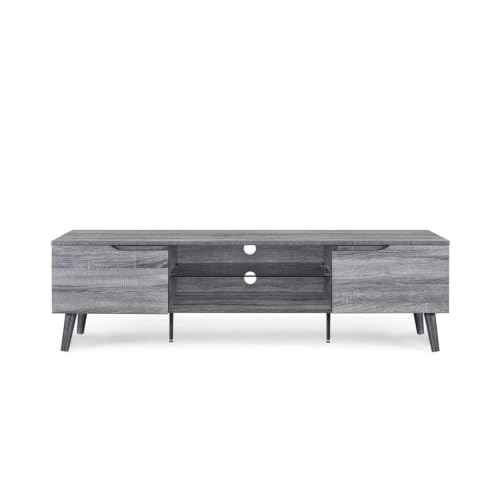 Image of Zenith TV Stand Entertainment Center & Modern Media Console Table for Living Room | Two Storage Doors | Tempered Glass Middle Shelf | Solid Wooden Legs | Space Gray